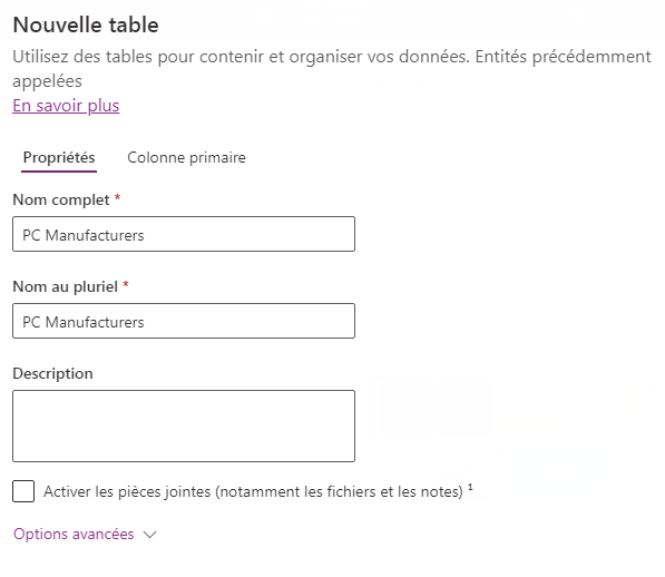 Capture d’écran des valeurs de Nouvelle table avec le bouton Créer.