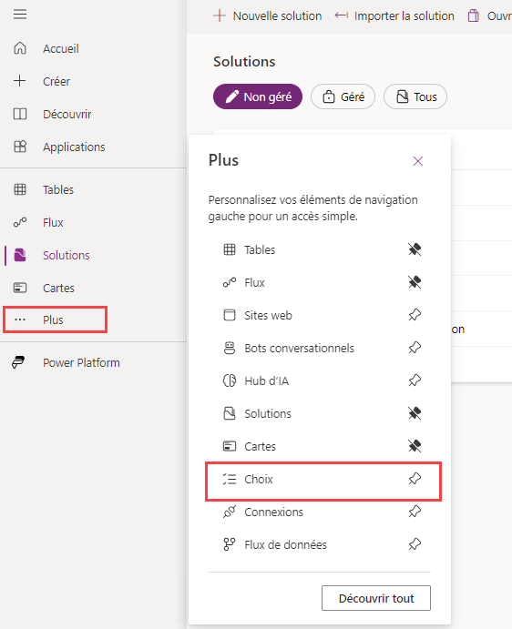 Capture d’écran de l’option Choix dans Maker Portal.