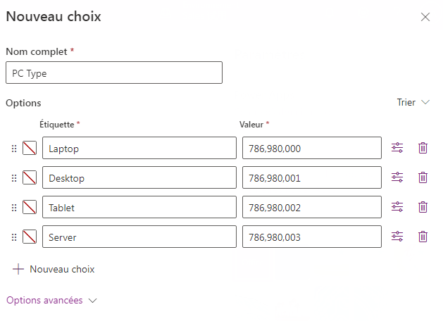 Boîte de dialogue affichant le choix nommé Type de PC avec les options Ordinateur portable, Ordinateur de bureau, Tablette et Serveur ajoutées.