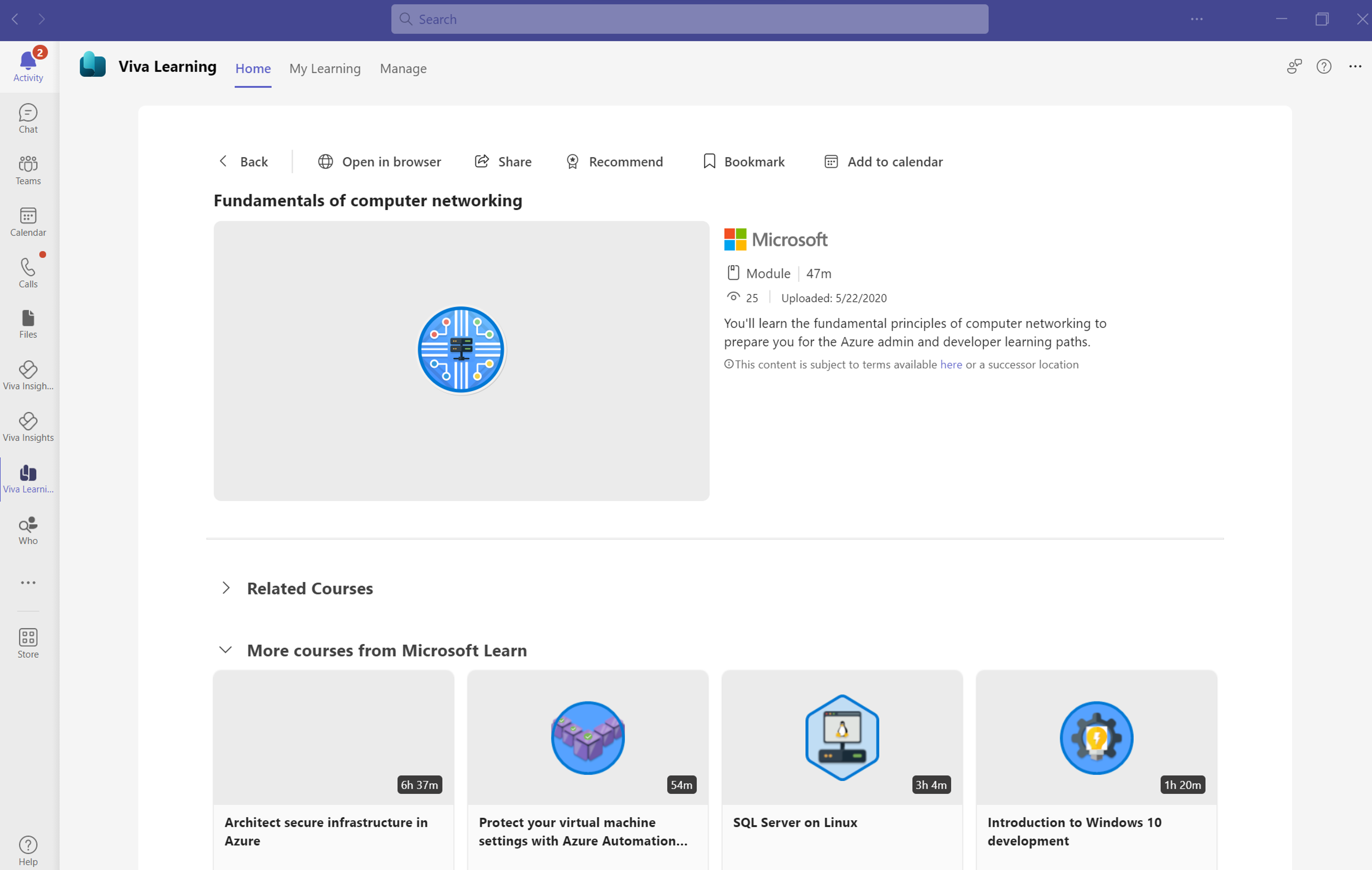 Capture d’écran de Viva Learning montrant la page de détails du module Learn intitulé Notions de base de la mise en réseau informatique