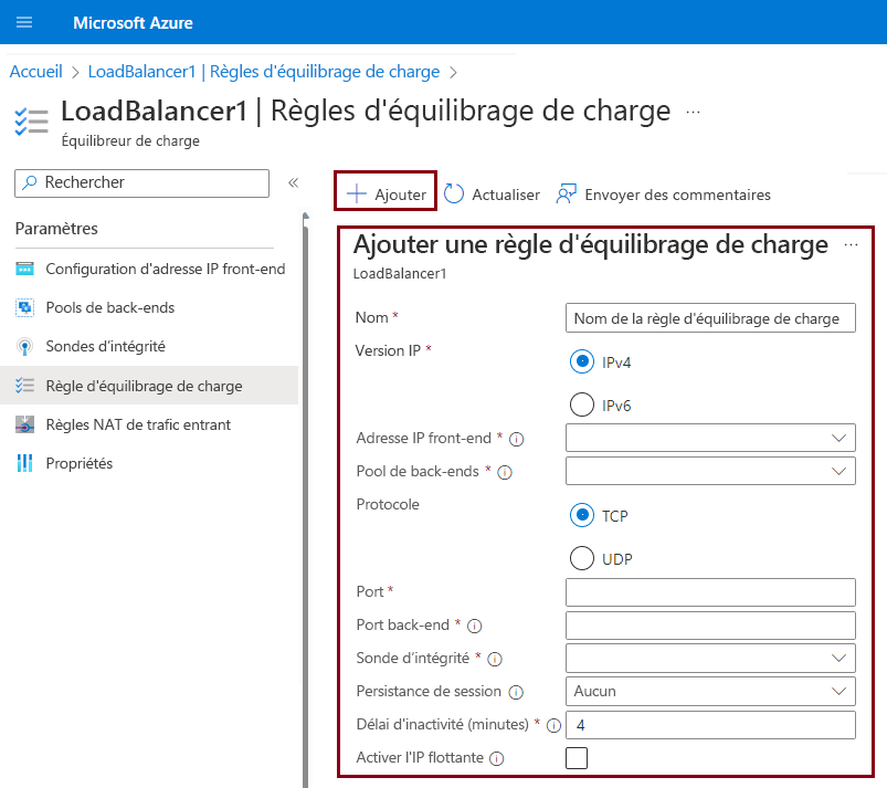 Screenshot that shows how to create load-balancing rules in the Azure portal.