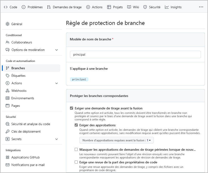 Screenshot of configuring a branch protection rule in GitHub.