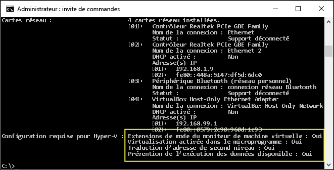 Screenshot of the Administrator Command Prompt screen with a focus on the output for the Hyper V requirements section.