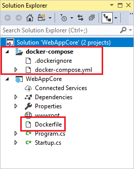 Capture d’écran des fichiers Docker dans l’Explorateur de solutions de Visual Studio