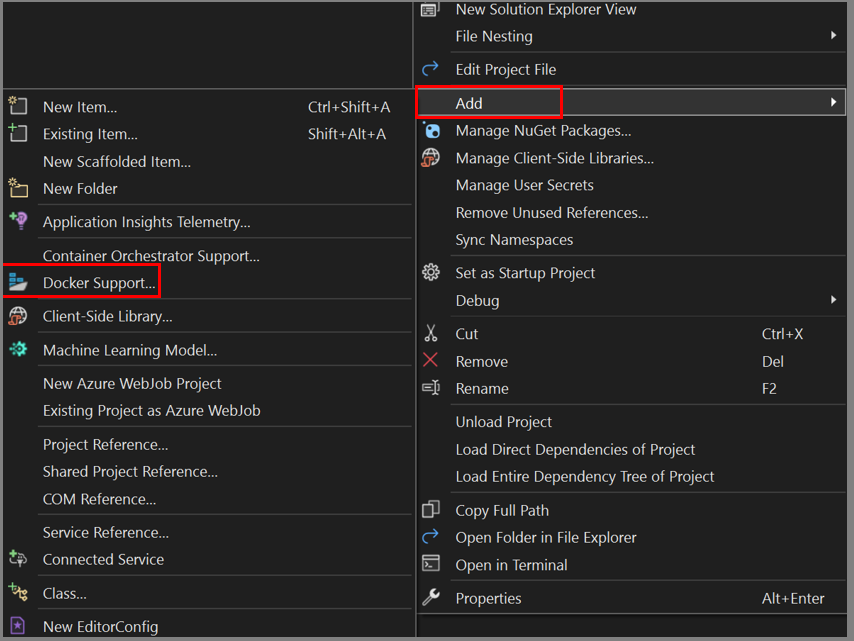 Capture d’écran montrant comment ajouter l’option de menu Prise en charge de Docker dans Visual Studio