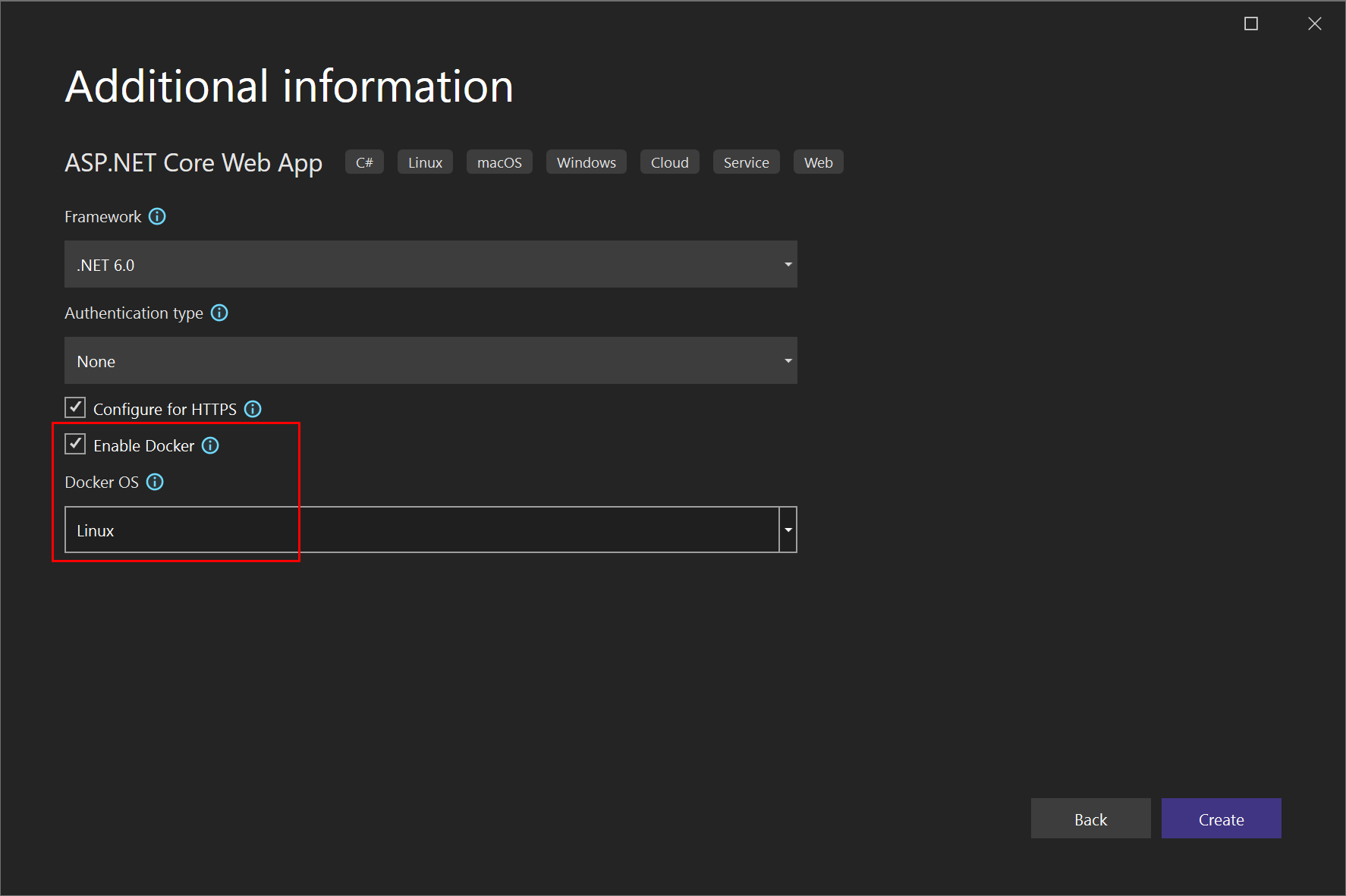 Capture d’écran montrant comment activer la prise en charge de Docker pour une nouvelle application web ASP.NET Core dans Visual Studio