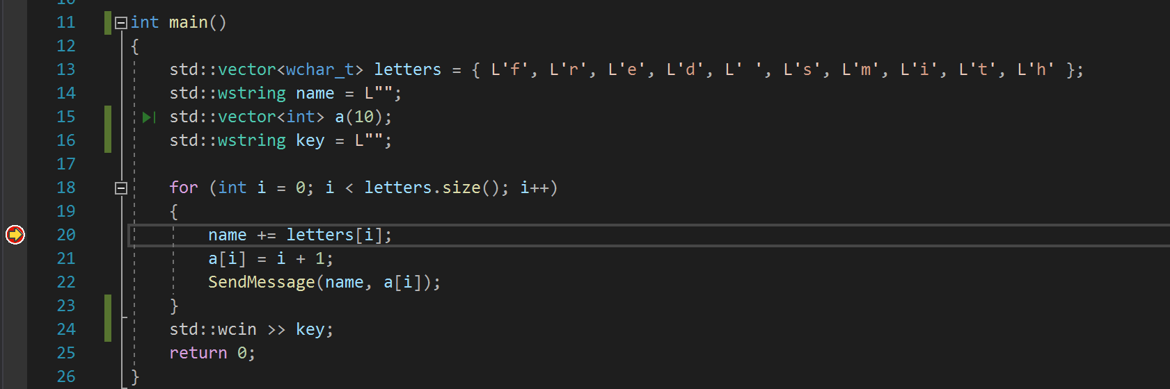 Capture d’écran montrant le débogueur suspendu sur le point d’arrêt défini dans Visual&nbsp;Studio.
