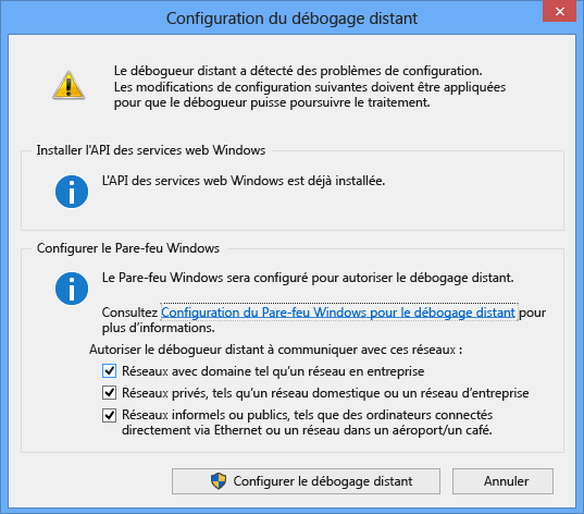 Configuration du Débogueur Distant Capture d’écran de la configuration du débogueur distant.