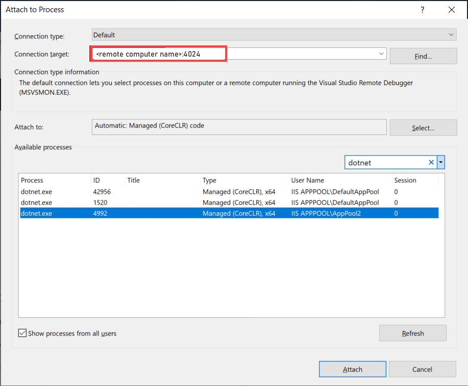 RemoteDBG_AttachToProcess Capture d’écran de la boîte de dialogue Attacher au processus.