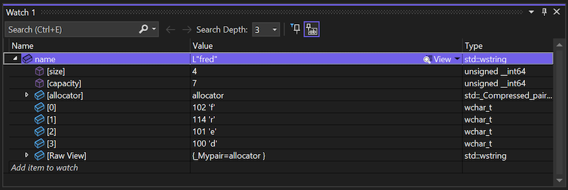 Capture d’écran montrant la fenêtre Espion affichant les valeurs de la variable name dans Visual&nbsp;Studio.