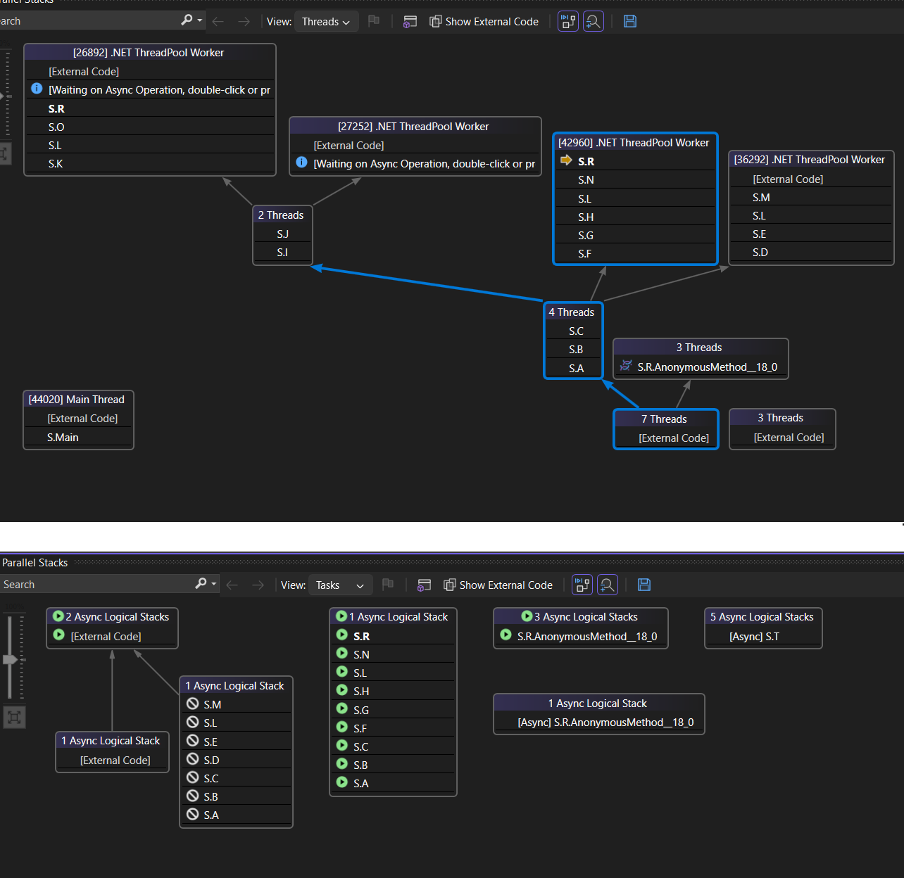 Vue Tâches dans la fenêtre Piles parallèles. Capture d’écran de la vue des Tâches dans la fenêtre Piles parallèles.