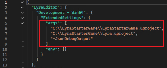 Capture d’écran du fichier UETargetProperties.json avec l’élément args mis en surbrillance