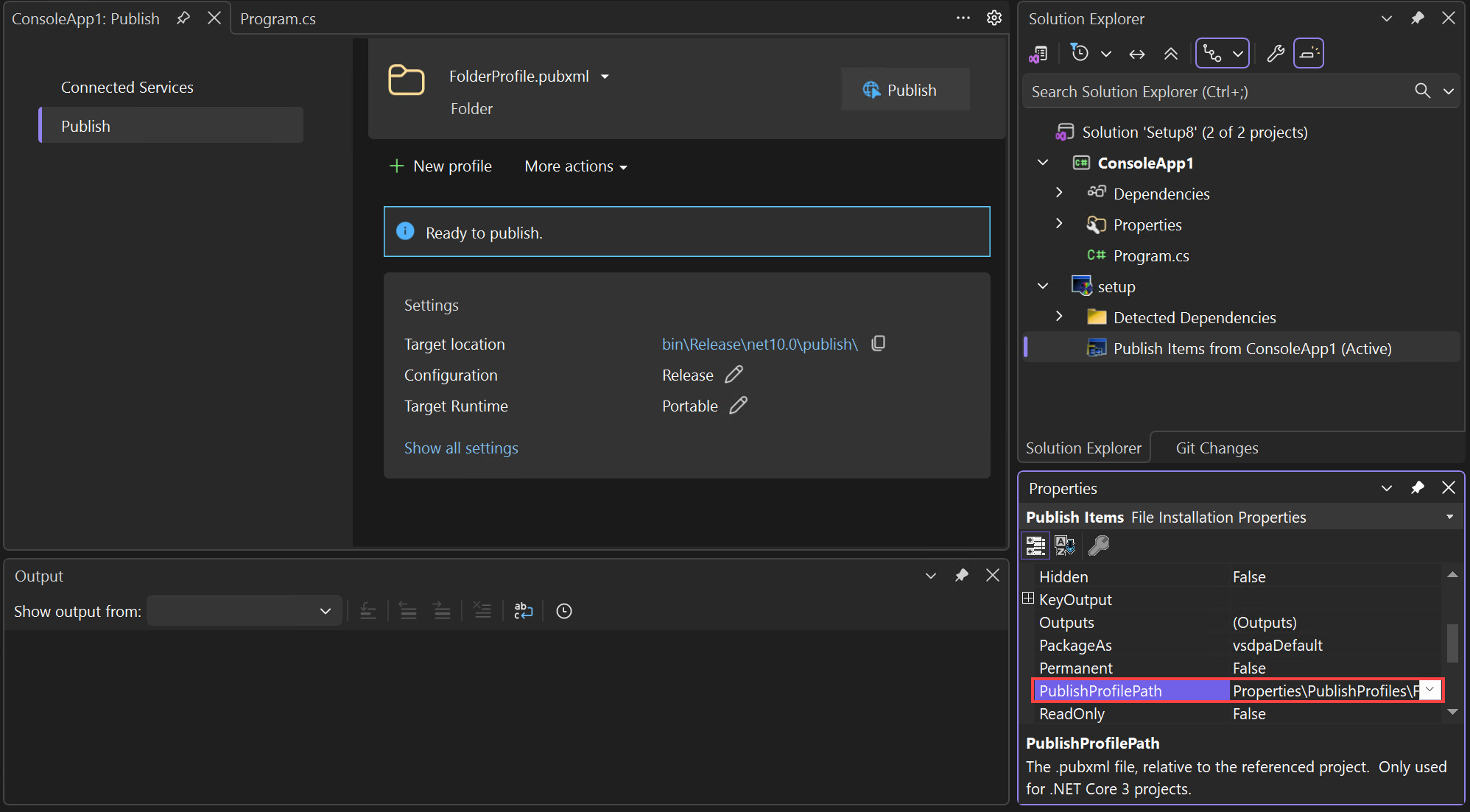 Capture d’écran montrant comment définir le profil de publication sur l’élément de sortie du projet Publier des éléments.