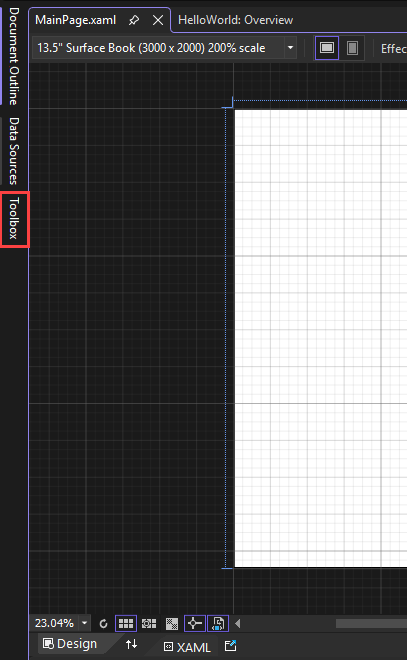 Capture d’écran montrant l’onglet de la fenêtre contextuelle « Boîte à outils » mis en surbrillance sur le côté gauche dans le volet du concepteur XAML.