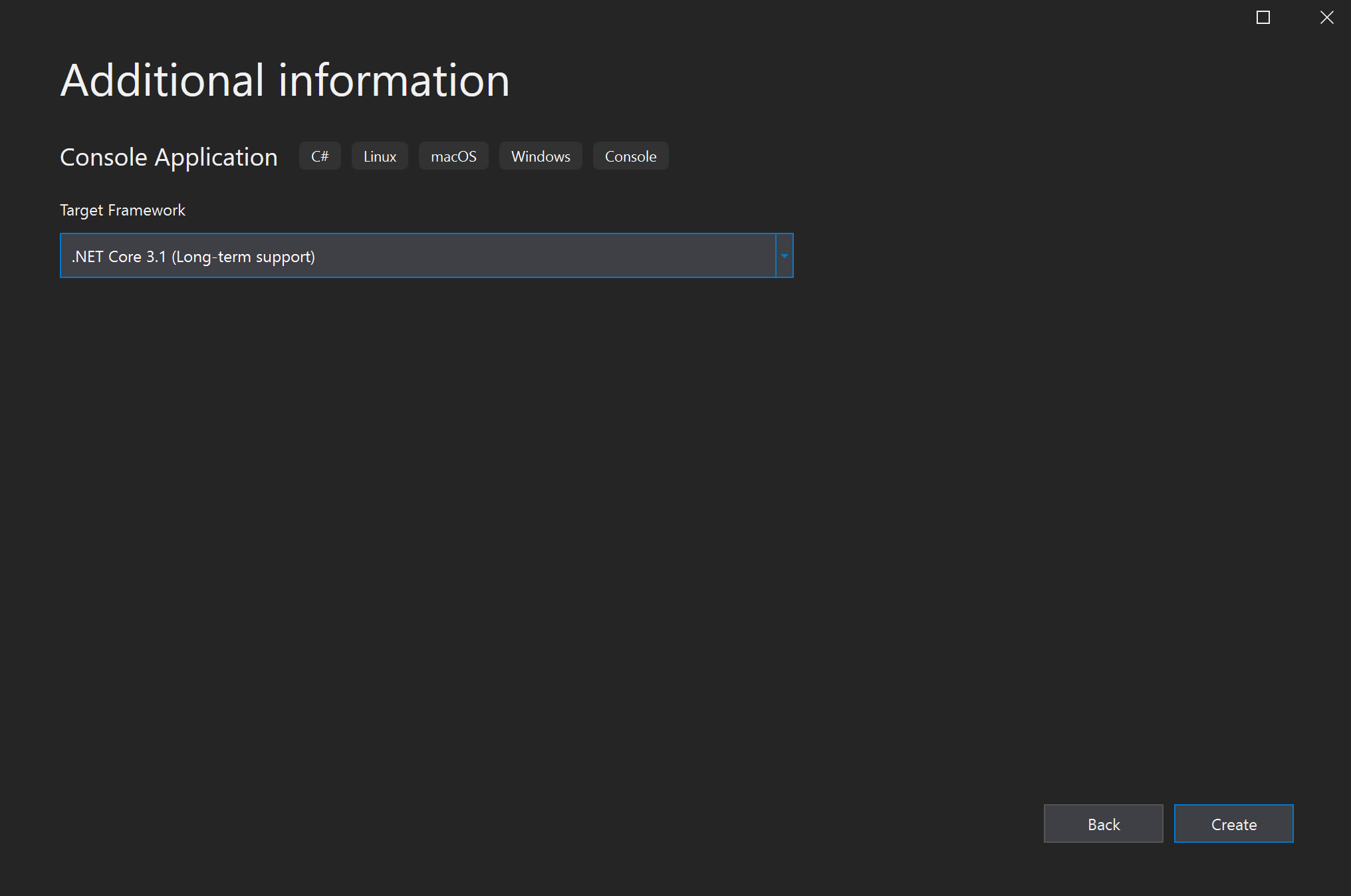 Capture d’écran de la fenêtre Informations supplémentaires dans Visual Studio montrant .NET Core 3.1 comme framework cible pour le nouveau projet.