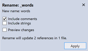 Capture d’écran d’une boîte de dialogue Renommer dans Visual Studio.