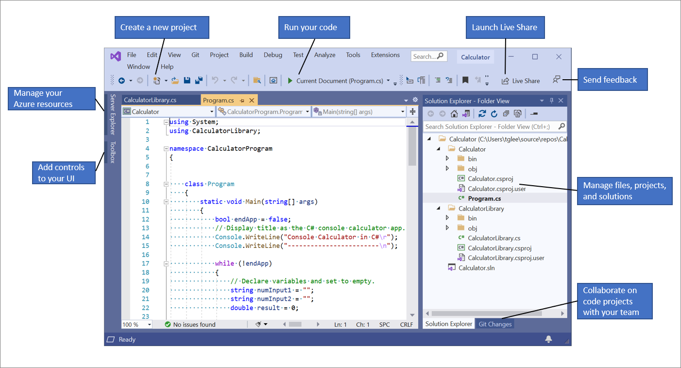 Une capture d’écran de l’IDE Visual Studio 2019, qui inclut des légendes indiquant où se trouvent les principales caractéristiques et fonctionnalités.