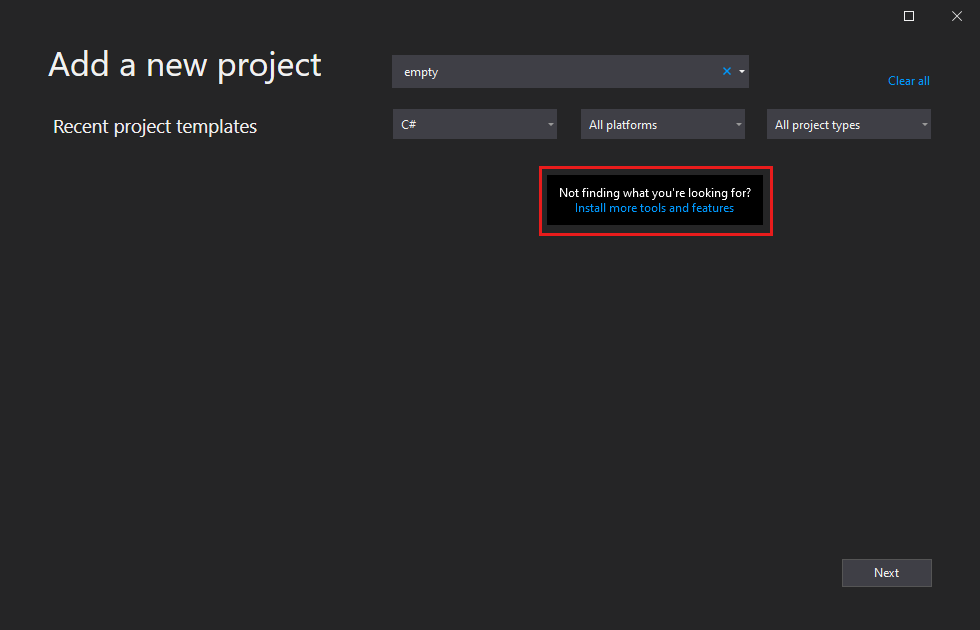lien Ouvrir Visual Studio Installer dans la boîte de dialogue Créer un projet dans Visual Studio. Capture d’écran montrant le lien Ouvrir Visual Studio Installer.