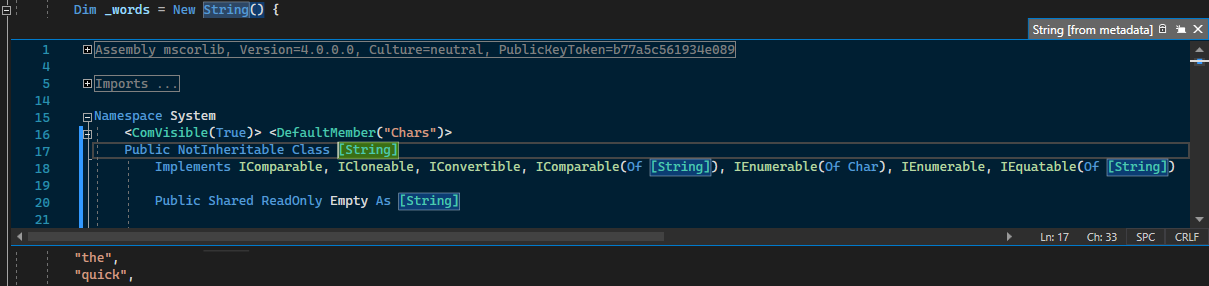 Capture d’écran d’une fenêtre contextuelle d’aperçu de la définition qui contient la définition de la classe chaîne.