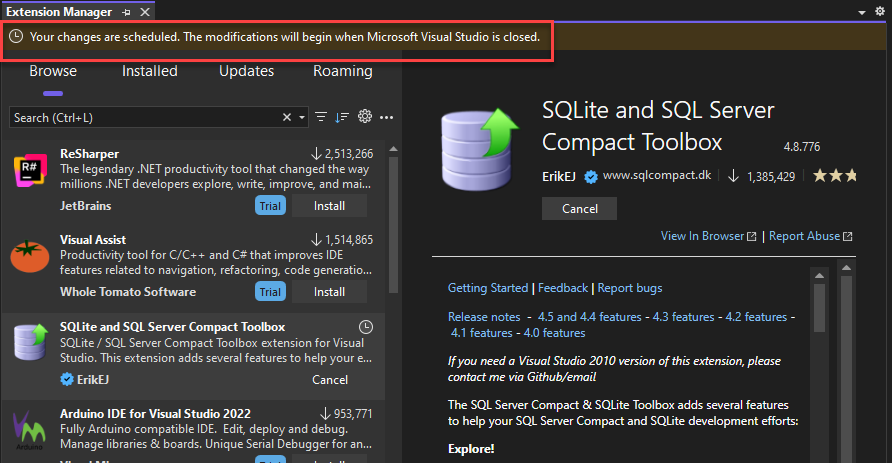 Capture d’écran d’une notification dans le Gestionnaire d’extensions.