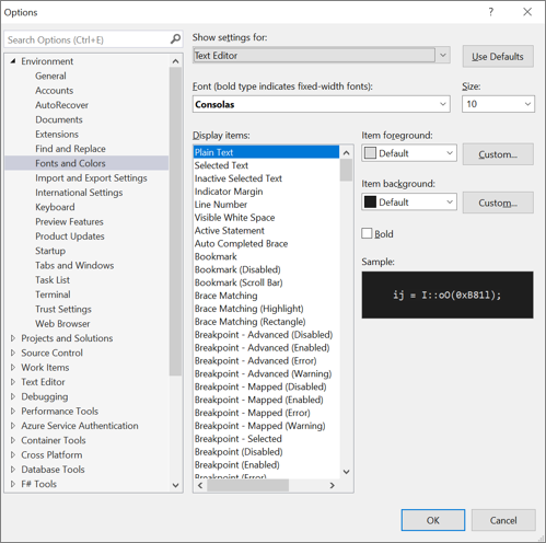 Capture d’écran de la boîte de dialogue Options pour modifier les polices et les couleurs de l’éditeur. Capture d’écran de la boîte de dialogue Options pour modifier les polices et les couleurs dans l’éditeur