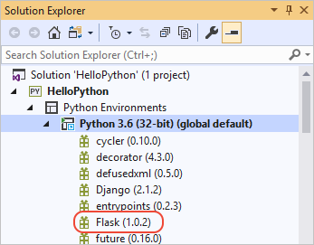 Capture d'écran montrant la bibliothèque Flask installée et présente dans l'Explorateur de solutions dans Visual Studio 2019.