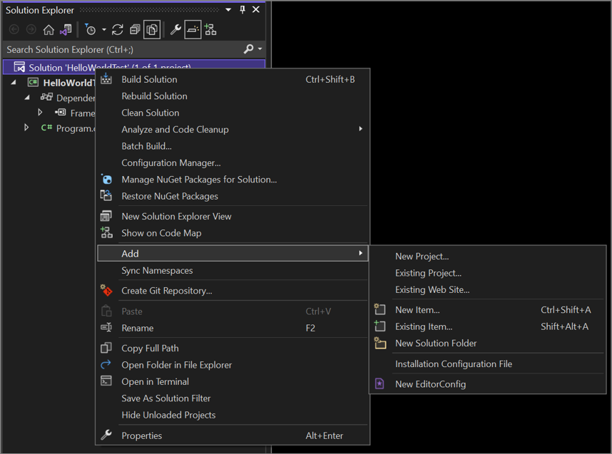 Capture d’écran du sous-menu Ajouter à partir du menu contextuel dans l’Explorateur de solutions.
