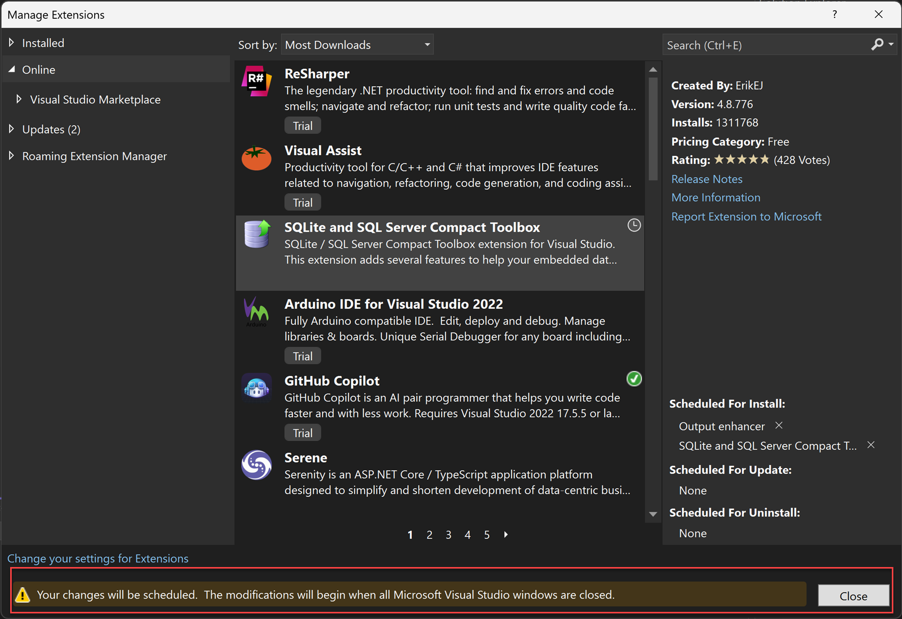 Capture d’écran d’une notification dans le Gestionnaire d’extensions.