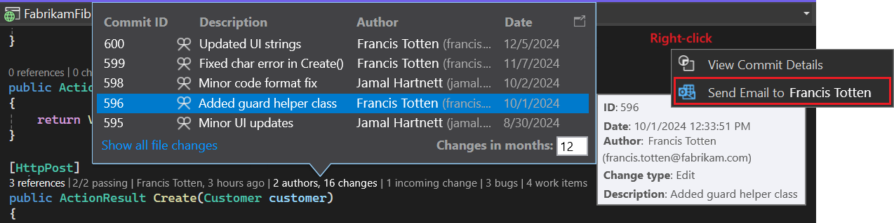 Capture d’écran montrant comment afficher des détails sur les modifications apportées par les membres de votre équipe dans CodeLens pour Visual Studio.