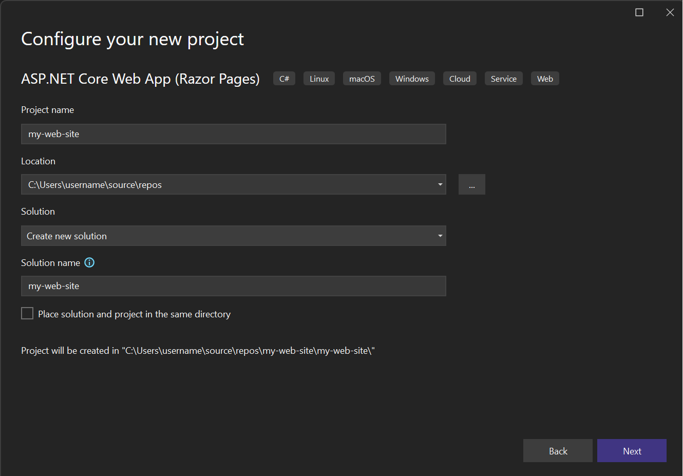Capture d’écran montrant la boîte de dialogue Configurer votre nouveau projet dans Visual Studio 2022 et les options à définir, y compris le nom du projet et l’emplacement du projet.