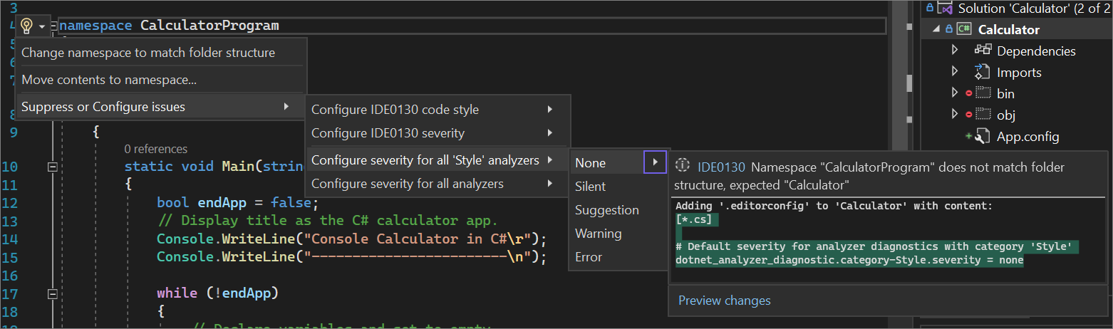 Capture d’écran montrant comment configurer la gravité d’une règle de style de code à partir de l’éditeur.