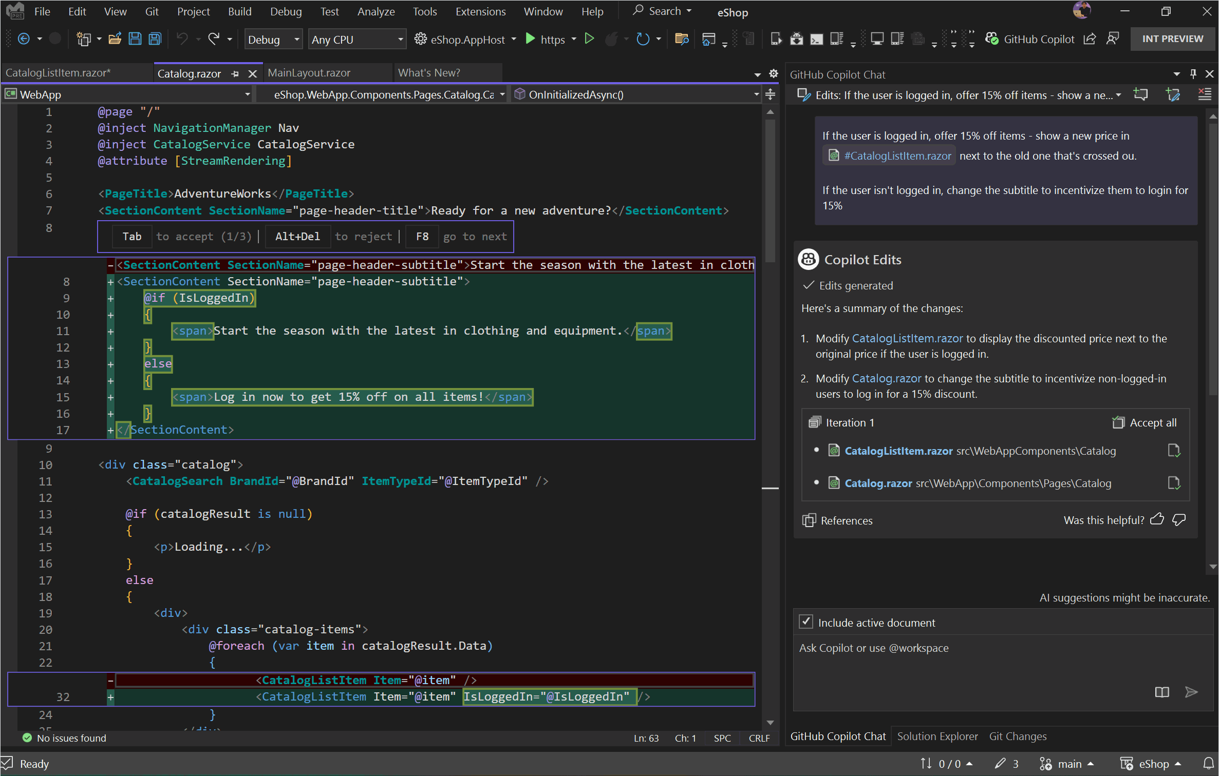 capture d’écran animée montrant l’application de modifications au fichier et l’acceptation par segment.
