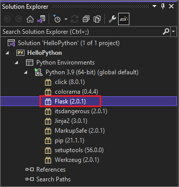 Capture d'écran montrant la bibliothèque Flask installée et présente dans l'Explorateur de solutions dans Visual Studio 2022.
