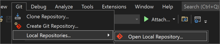 Capture d’écran du menu Git dans Visual Studio 2022 montrant le référentiel local et l'option Ouvrir le référentiel local.