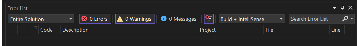 Capture d’écran de la liste d’erreurs dans Visual Studio 2022.