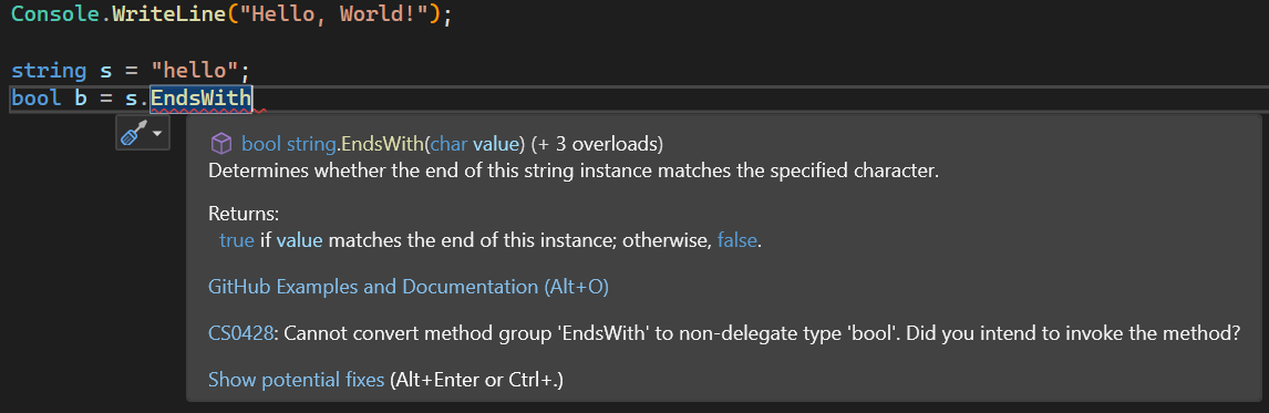 Screenshot of IntelliSense Quick Info feature.