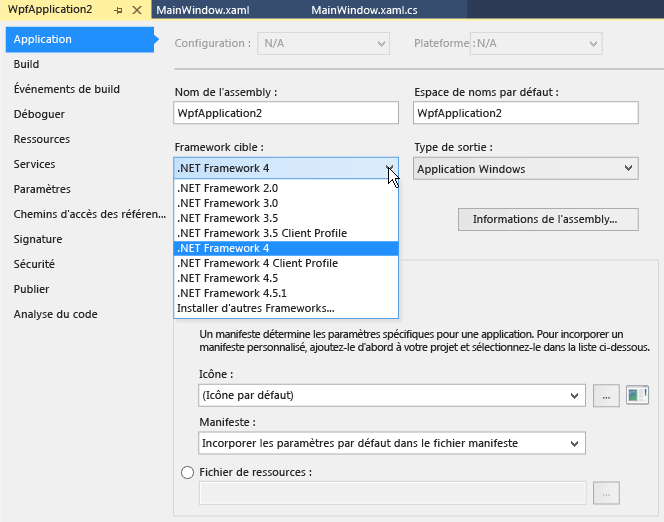 Project properties Application tab