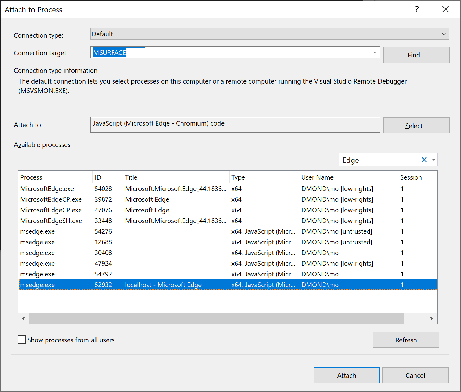 Capture d’écran montrant comment Attacher à un processus dans le menu Déboguer.