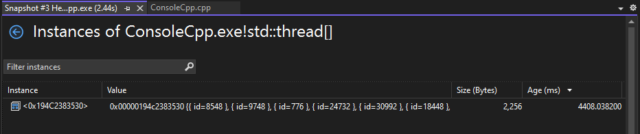 Capture d’écran de la vue Instances et du volet Pile des appels d’allocation.