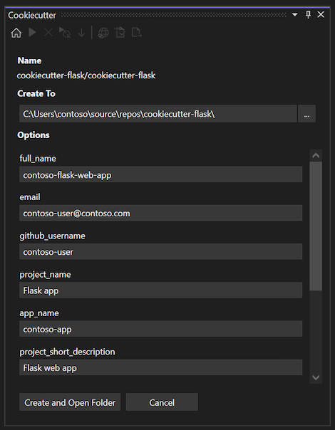 Capture d’écran illustrant les options d’un modèle nouvellement installé et cloné dans l’Explorateur Cookiecutter dans Visual Studio.