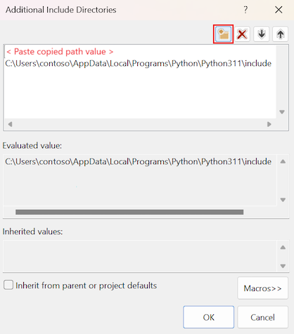 Screenshot that shows how to add a PyBind11 path to the Additional Include Directories property.