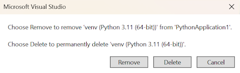 Capture d’écran montrant comment supprimer ou supprimer un environnement Python dans Visual Studio.