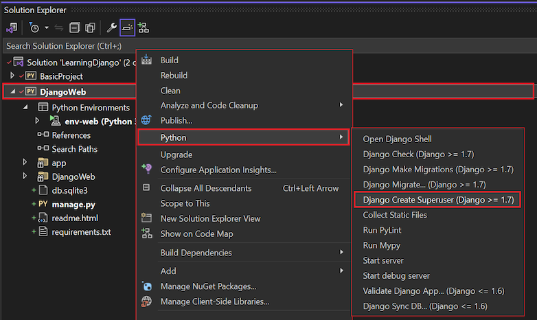 Capture d’écran montrant comment sélectionner la commande Créer un super utilisateur Django pour un projet dans Visual Studio.