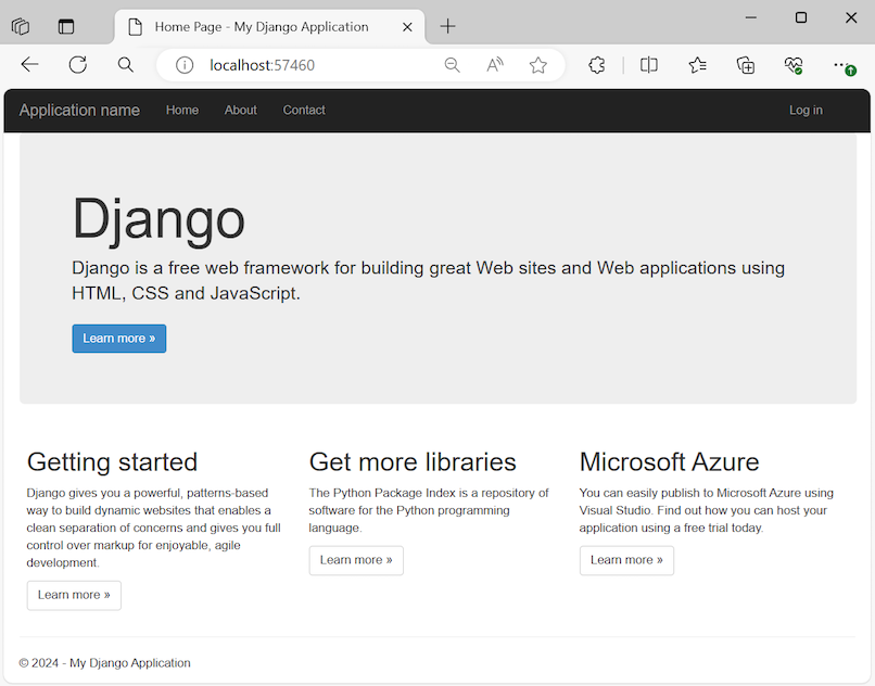 Capture d’écran montrant l’application Django Web Project en cours d’exécution dans le navigateur.