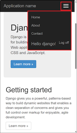 Capture d’écran montrant l’affichage mobile (étroit) de l’application Django Web Project dans le navigateur où la barre de navigation se convertit en menu déroulant.