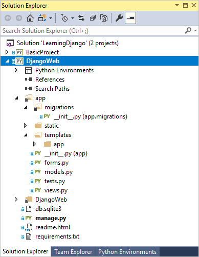 Capture d’écran montrant le nom du projet Web Django est en gras dans l’Explorateur de solutions pour indiquer qu’il s’agit du projet de démarrage dans Visual Studio.