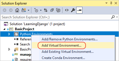 Capture d’écran montrant comment utiliser la commande Ajouter un environnement virtuel dans l’Explorateur de solutions.