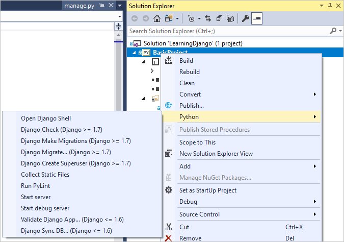 Capture d’écran montrant les fichiers projet Django initiaux dans l’Explorateur de solutions.