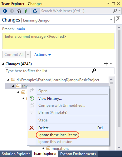 Capture d’écran montrant comment ignorer un environnement virtuel dans les modifications de contrôle de code source dans Visual Studio.