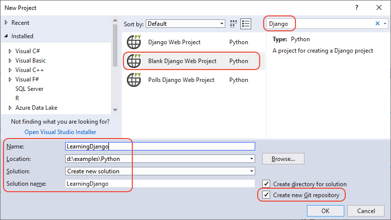 Capture d’écran montrant comment sélectionner le modèle projet web Django vide dans Visual Studio 2019.
